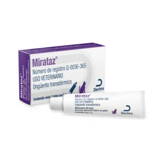 Mirataz veterinary ointment box and tube labeled for animal use (cat silhouette) with Dechra logo—transdermal ointment packaging in purple and white color scheme.